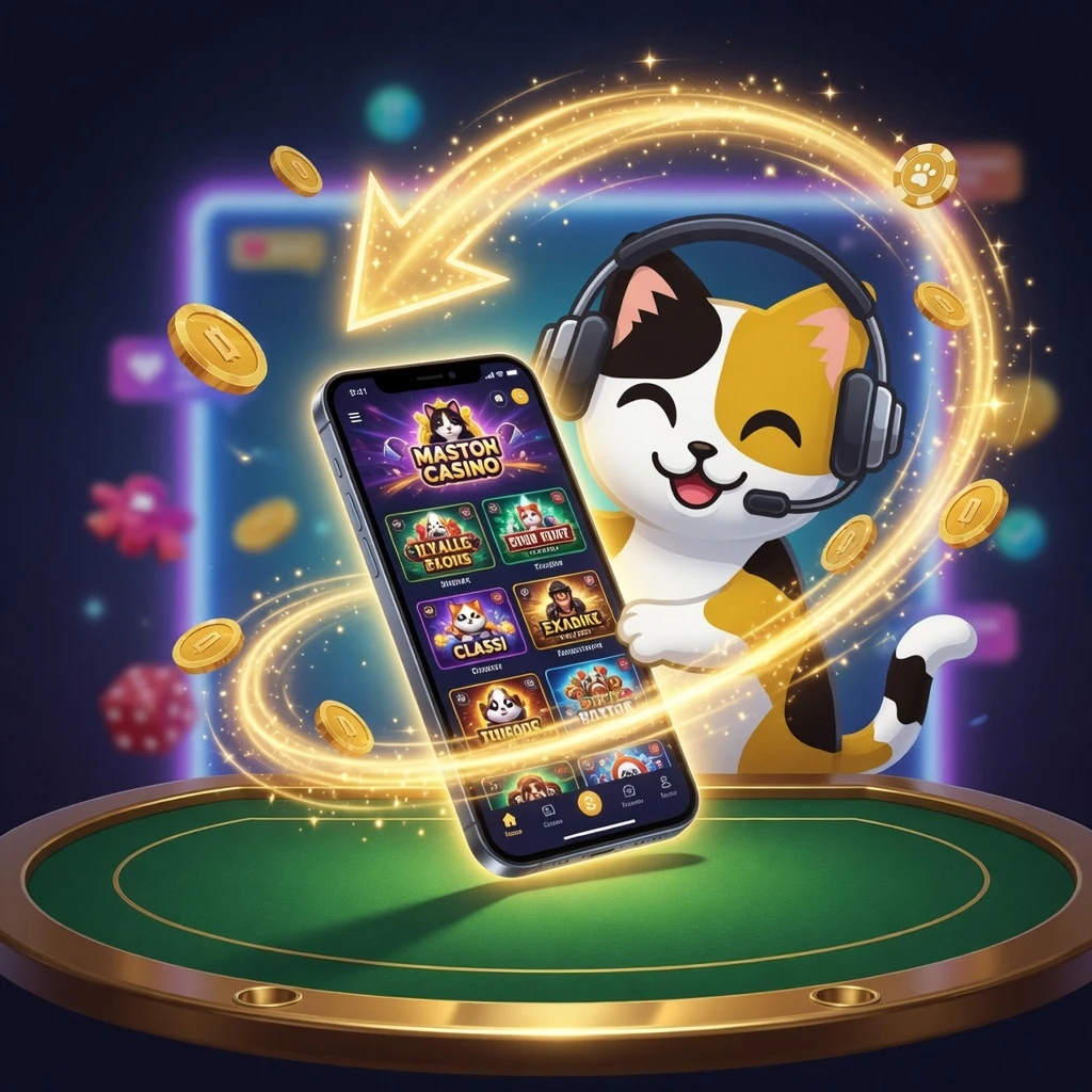 LuckyCalico mobile app displayed on a smartphone screen showing the game lobby interface with slots and live casino options on a dark background